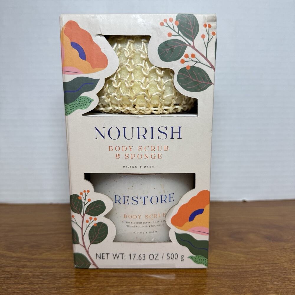 Milton & Drew Nourish Gift Collection Set Body Scrub & Sponge NEW